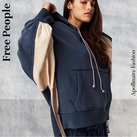 FREE PEOPLE JIMI HOODED SWEATSHIRT IN NAVY TAN COMBO LARGE NWT - Picture 1 of 6